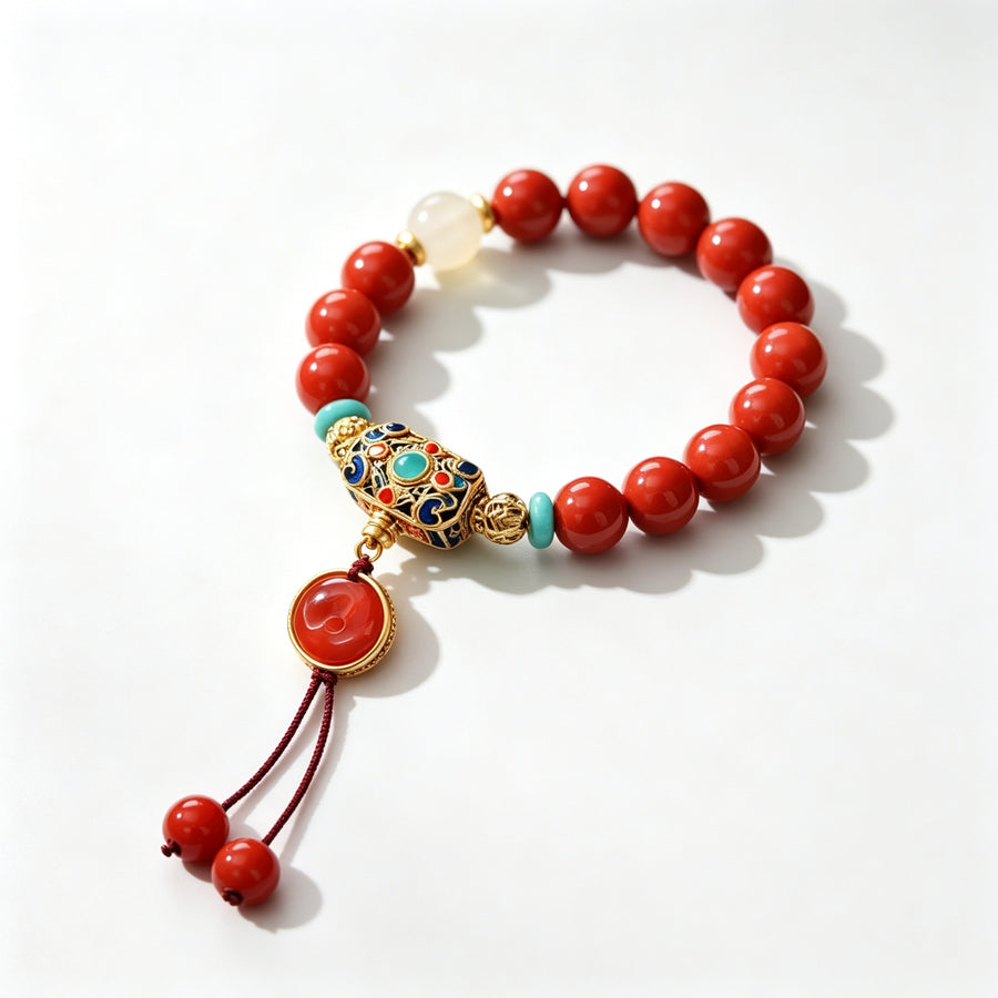 Cinnabar & Cloisonné Enamel Charm Bracelet (朱砂掌丝珐琅手串)
