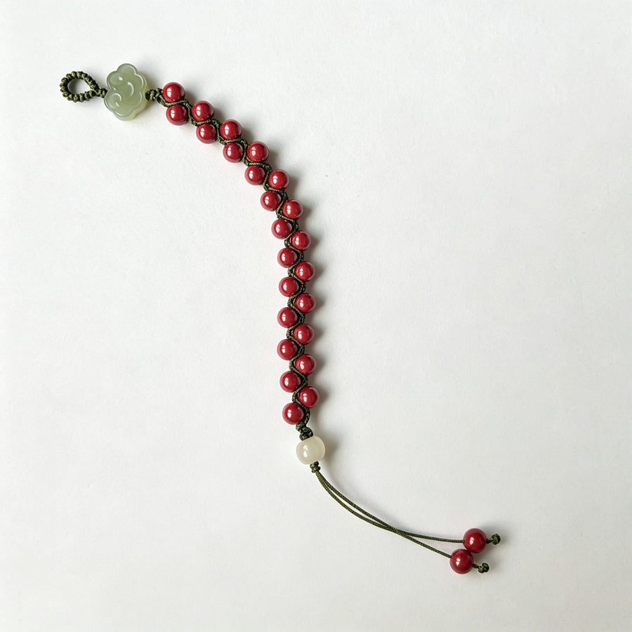 Cinnabar Woven Cord Bracelet with Jade Cloud Clasp (朱砂编练手串 · 白玉祥云扣)