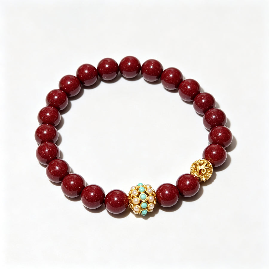 Cinnabar & Turquoise Gold Accent Bracelet (朱砂松石金珠手串)