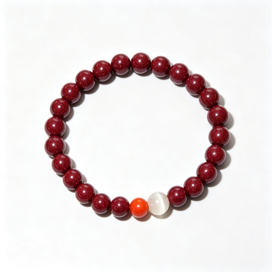 Cinnabar & Carnelian Cat’s Eye Bracelet (朱砂南红猫眼手串)
