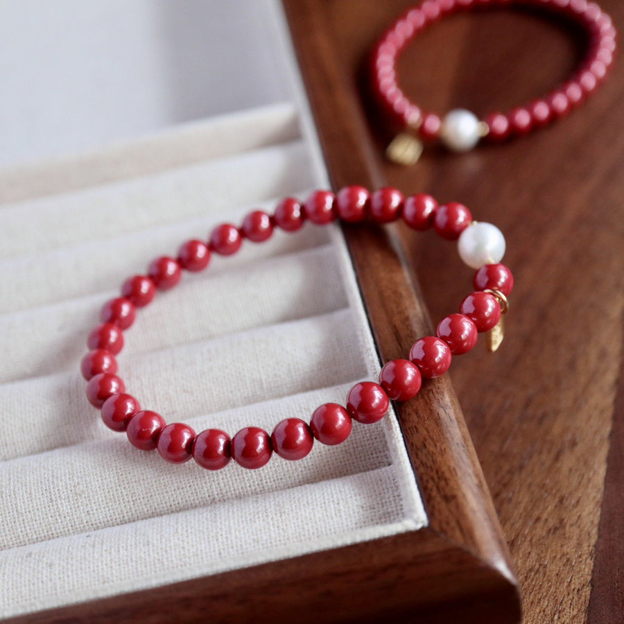 Natural Cinnabar & Freshwater Pearl Bracelet (朱砂珍珠手串)