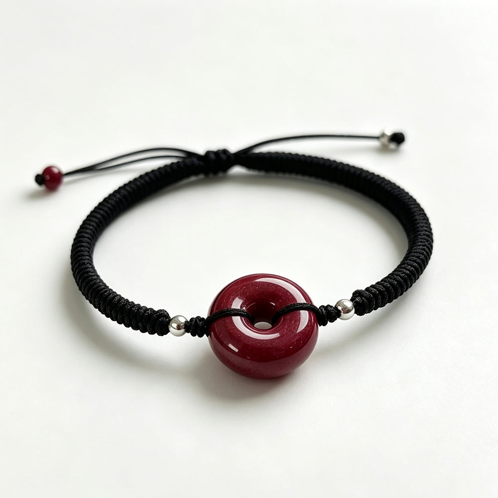 Cinnabar Ping'an Kou Braided Cord Bracelet (朱砂平安扣黑色编绳手环)