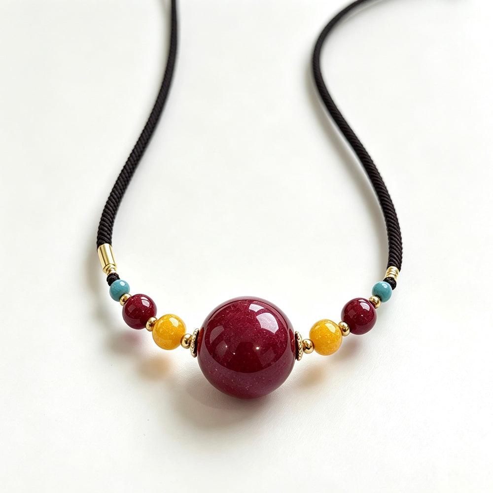 Grand Cinnabar Sphere Collar Necklace (朱砂圆珠配蜜蜡松石项链)