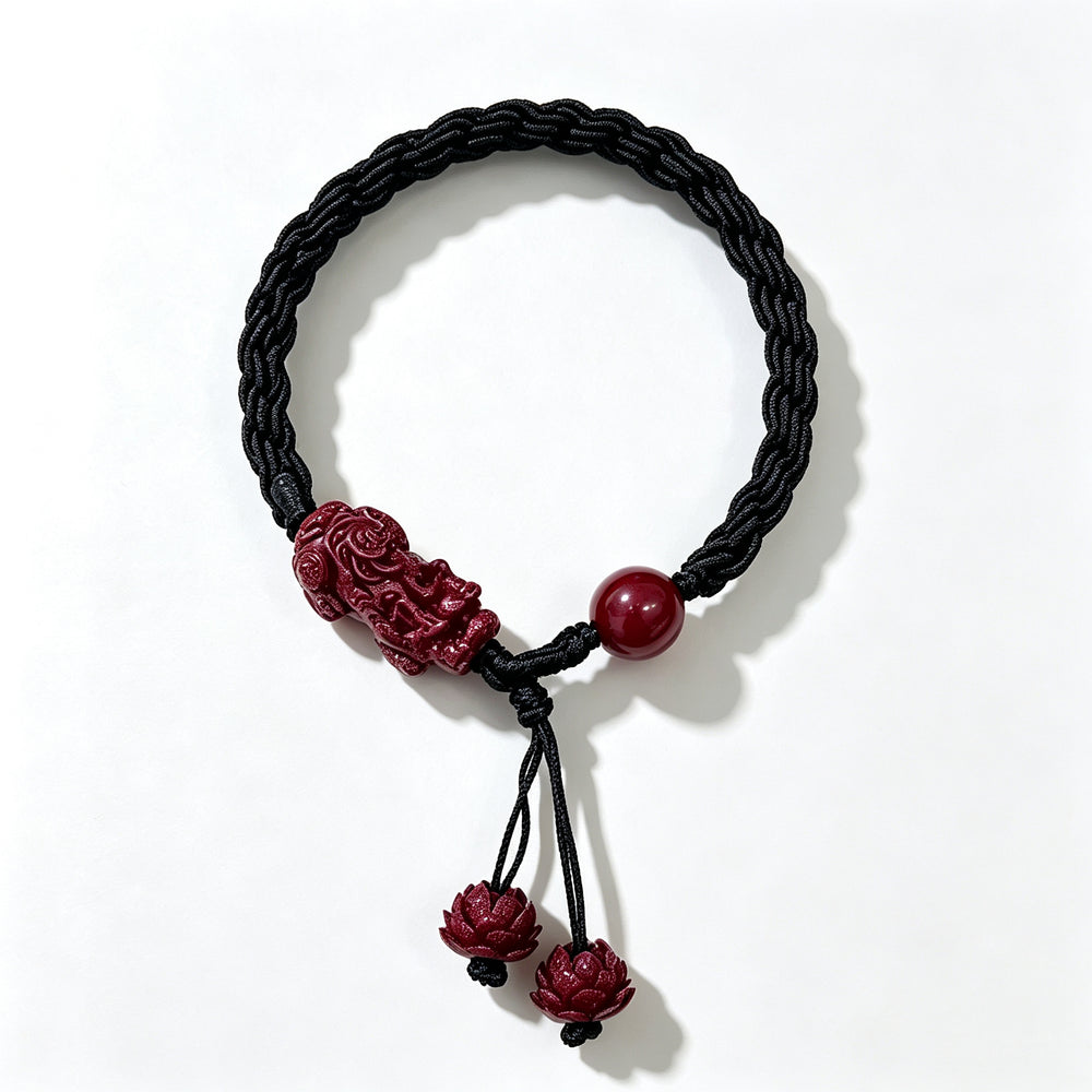 Carved Cinnabar Pixiu Braided Bracelet with Lotus Finials (朱砂精雕貔貅黑编绳手链)